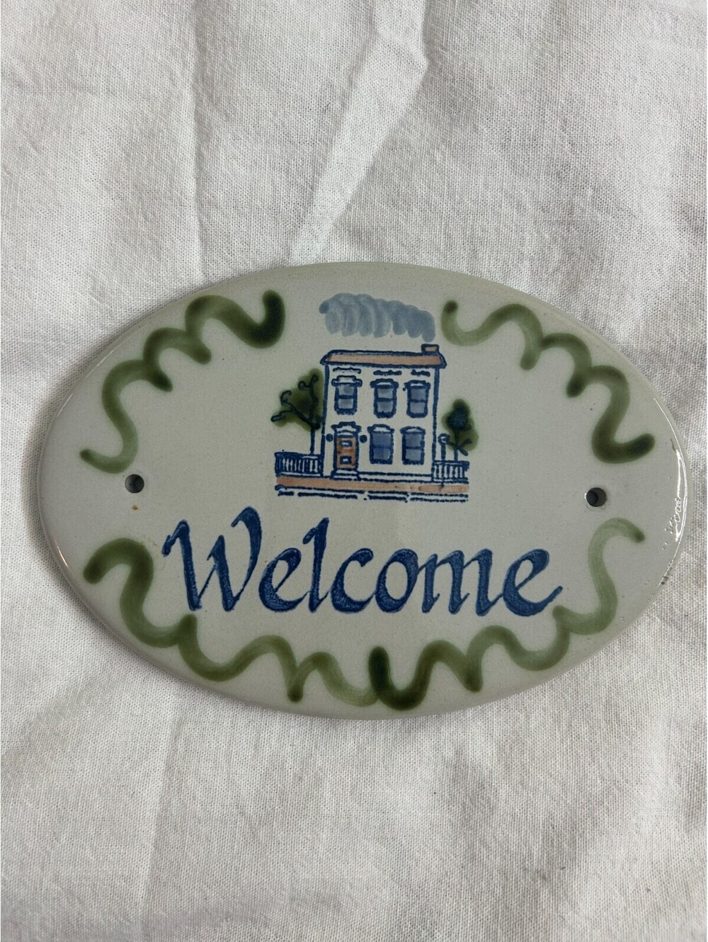 VTG Louisville Stoneware Welcome Sign Oval Door Wall Plaque Blue House Wall Art